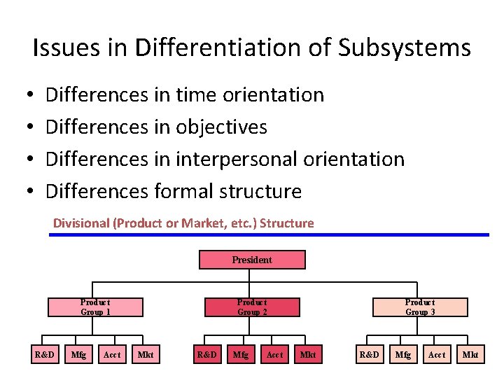 Issues in Differentiation of Subsystems • • Differences in time orientation Differences in objectives