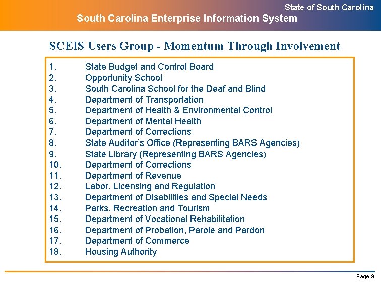 State of South Carolina Enterprise Information System SCEIS Users Group - Momentum Through Involvement