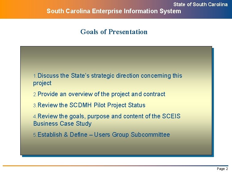 State of South Carolina Enterprise Information System Goals of Presentation 1. Discuss the State’s