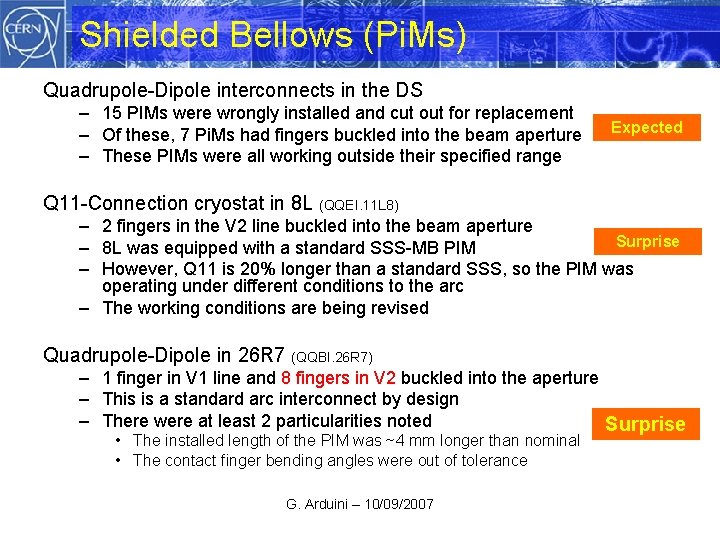 Shielded Bellows (Pi. Ms) Quadrupole-Dipole interconnects in the DS – 15 PIMs were wrongly
