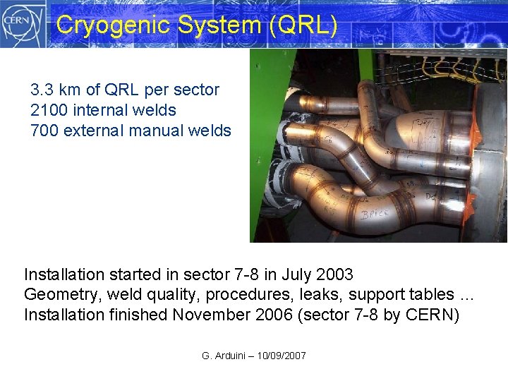 Cryogenic System (QRL) 3. 3 km of QRL per sector 2100 internal welds 700