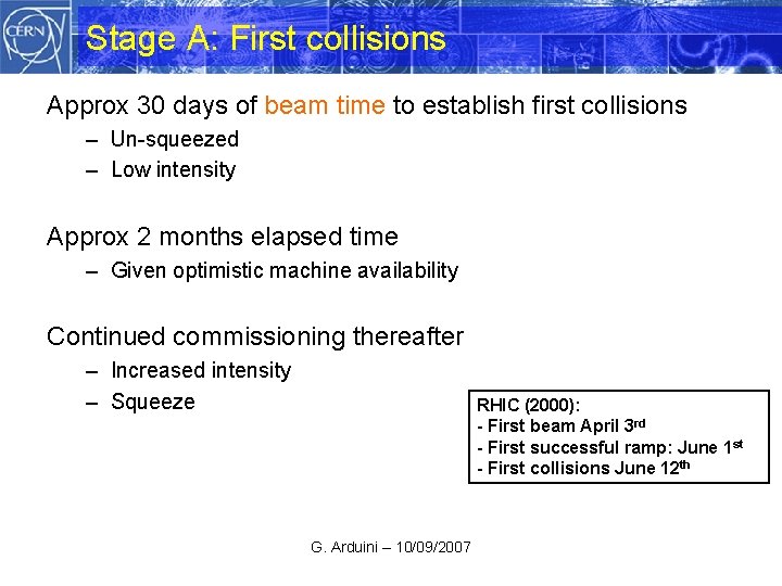 Stage A: First collisions Approx 30 days of beam time to establish first collisions