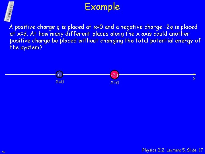 Example A positive charge q is placed at x=0 and a negative charge -2