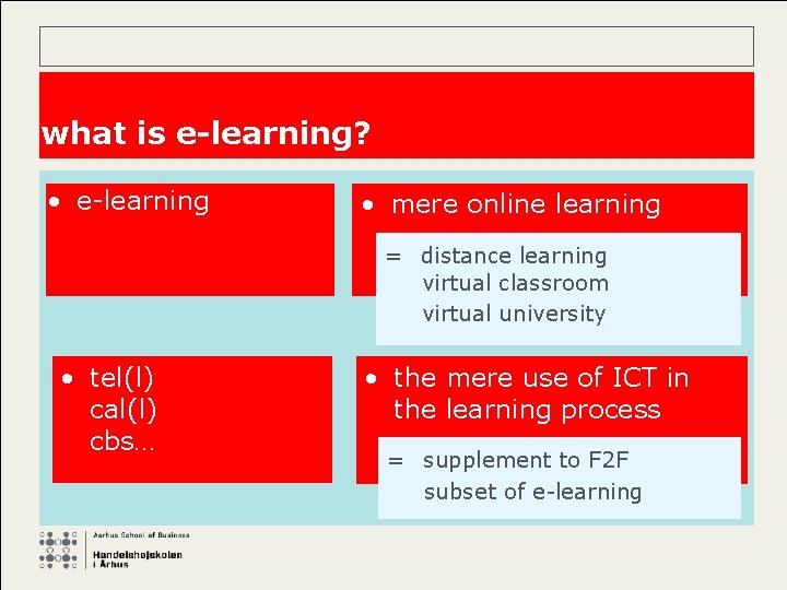 what is e-learning? • e-learning • mere online learning = distance learning virtual classroom