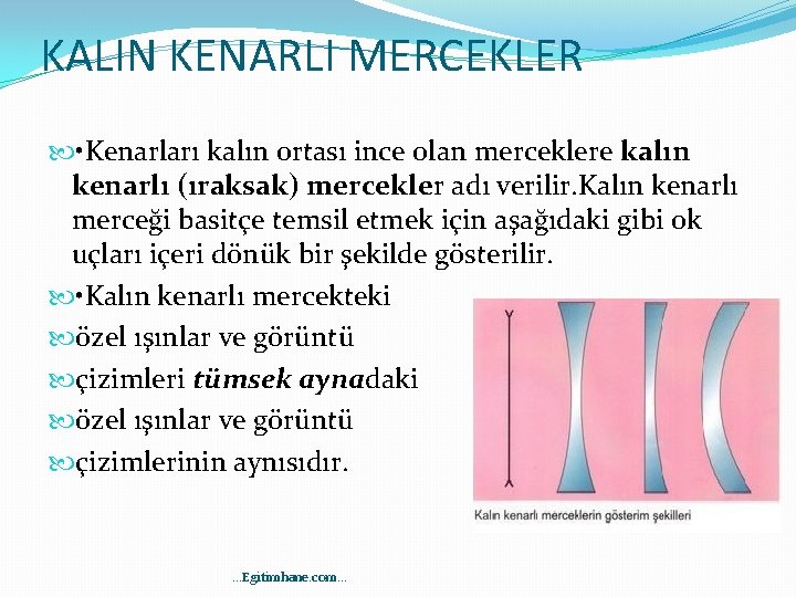 KALIN KENARLI MERCEKLER • Kenarları kalın ortası ince olan merceklere kalın kenarlı (ıraksak) mercekler