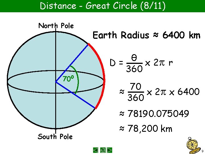 Distance - Great Circle (8/11) North Pole 70 o Earth Radius ≈ 6400 km