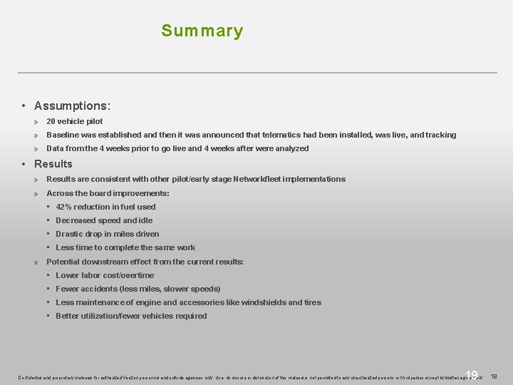 Summary • Assumptions: » 20 vehicle pilot » Baseline was established and then it Summary • Assumptions: » 20 vehicle pilot » Baseline was established and then it