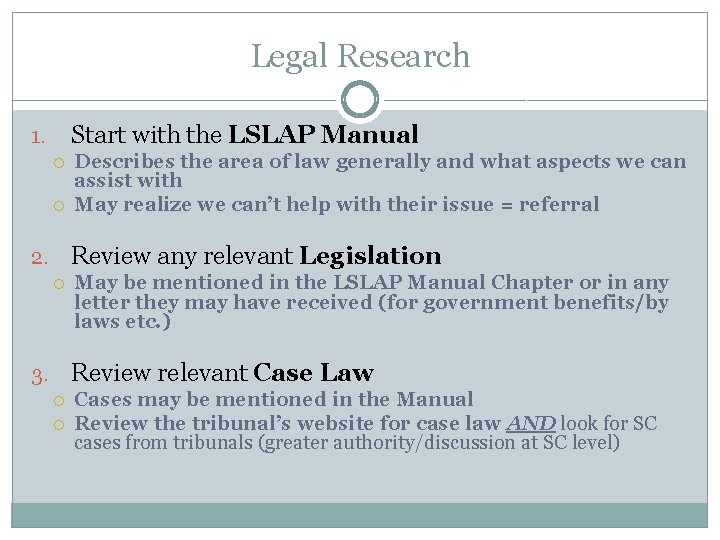 Legal Research Start with the LSLAP Manual 1. Describes the area of law generally