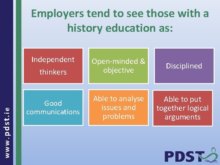 Employers tend to see those with a history education as: Independent www. pdst. ie