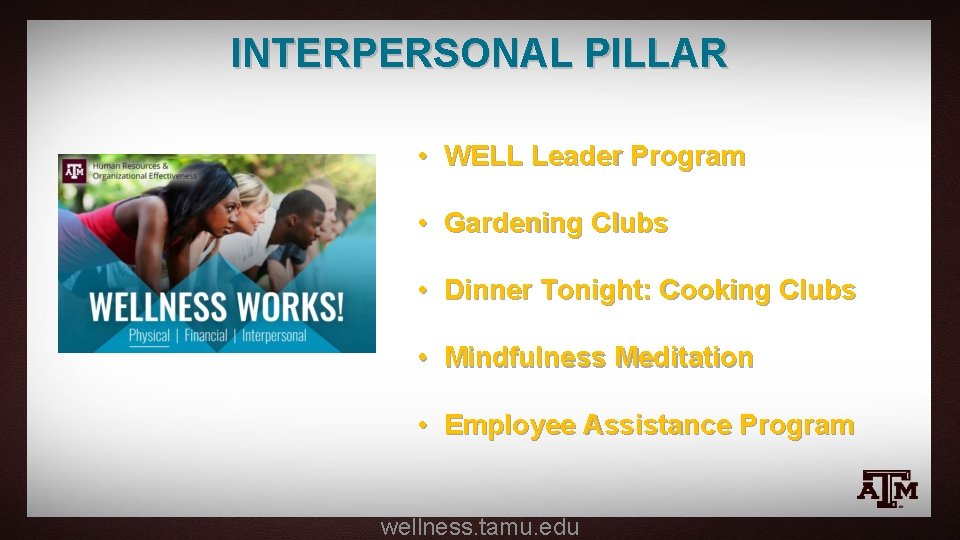 INTERPERSONAL PILLAR • WELL Leader Program • Gardening Clubs • Dinner Tonight: Cooking Clubs