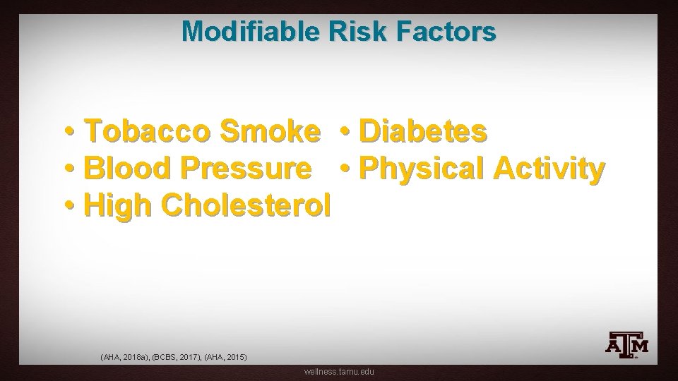 Modifiable Risk Factors • Tobacco Smoke • Diabetes • Blood Pressure • Physical Activity
