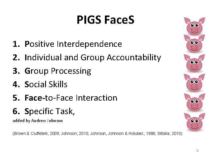 PIGS Face. S 1. 2. 3. 4. 5. 6. Positive Interdependence Individual and Group PIGS Face. S 1. 2. 3. 4. 5. 6. Positive Interdependence Individual and Group