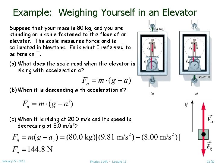 Example: Weighing Yourself in an Elevator Suppose that your mass is 80 kg, and
