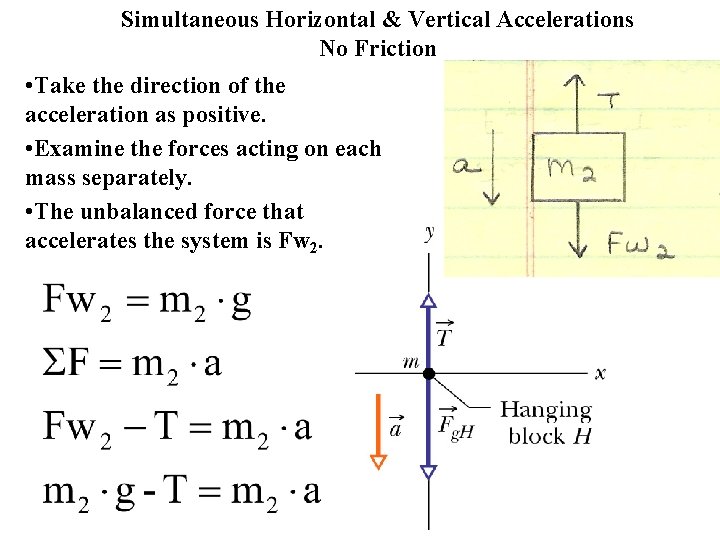 Simultaneous Horizontal & Vertical Accelerations No Friction • Take the direction of the acceleration