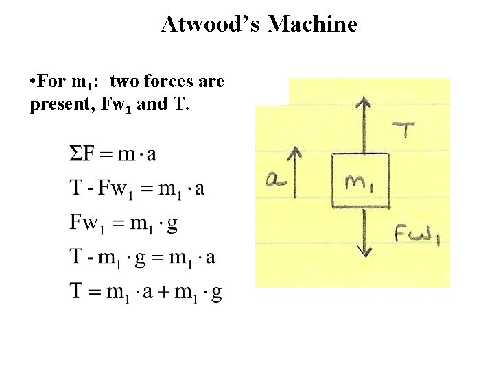 Atwood’s Machine • For m 1: two forces are present, Fw 1 and T.