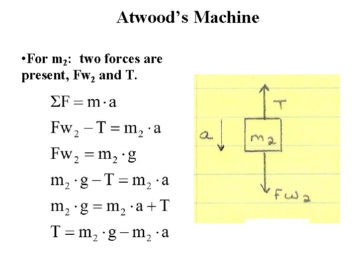 Atwood’s Machine • For m 2: two forces are present, Fw 2 and T.