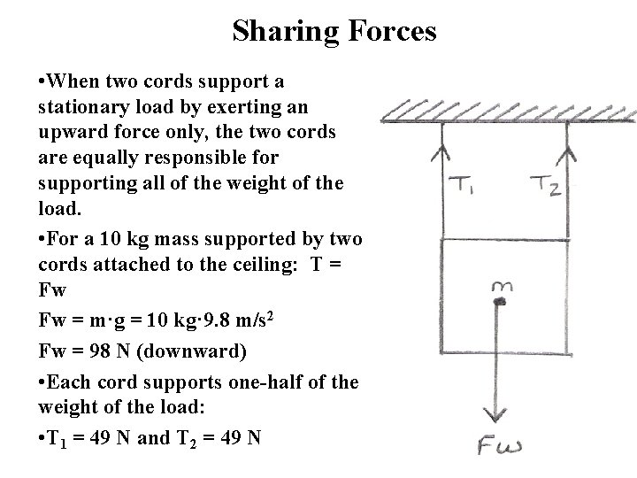 Sharing Forces • When two cords support a stationary load by exerting an upward