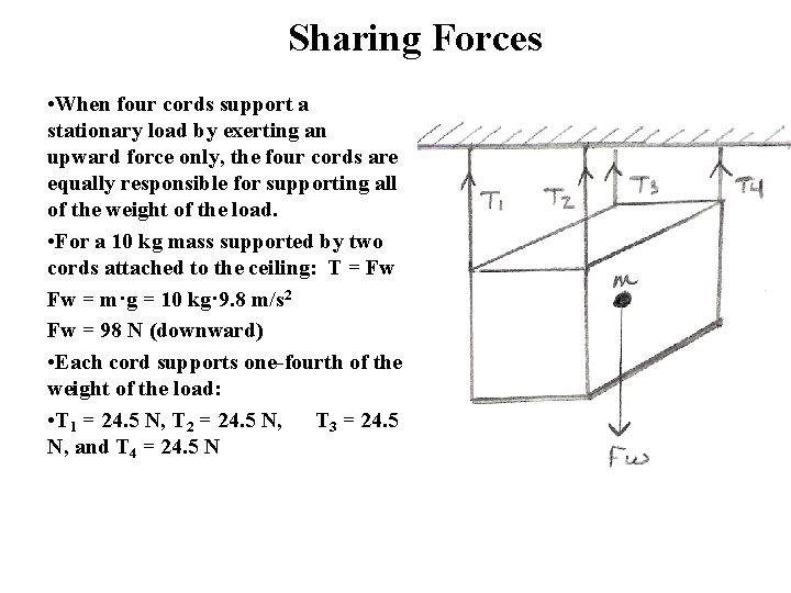 Sharing Forces • When four cords support a stationary load by exerting an upward