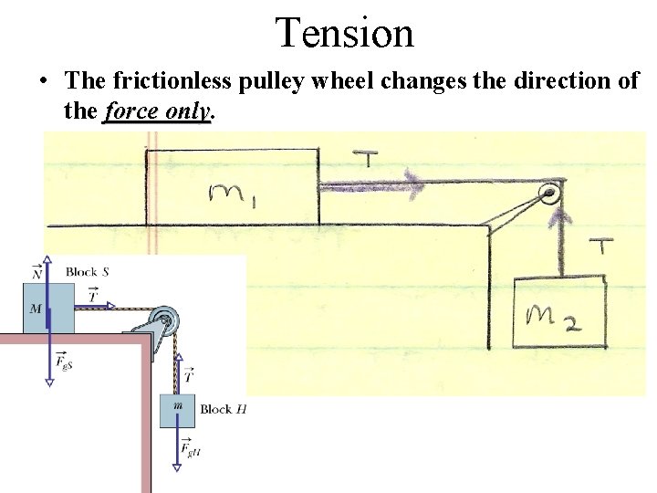 Tension • The frictionless pulley wheel changes the direction of the force only 