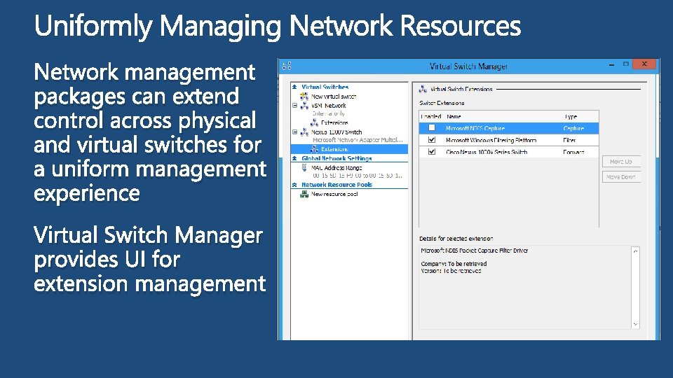 Network management packages can extend control across physical and virtual switches for a uniform