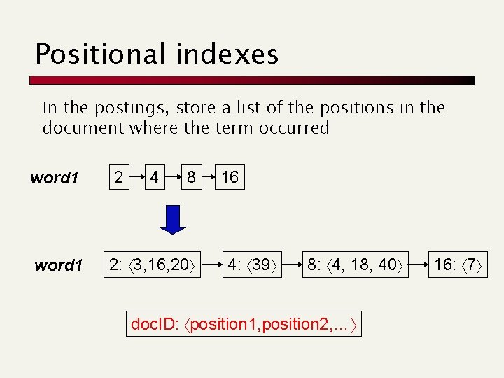 Positional indexes In the postings, store a list of the positions in the document