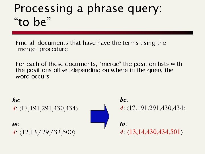 Processing a phrase query: “to be” Find all documents that have the terms using