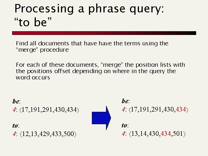 Processing a phrase query: “to be” Find all documents that have the terms using