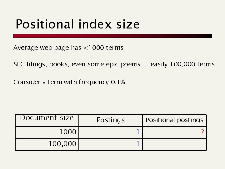 Positional index size Average web page has <1000 terms SEC filings, books, even some