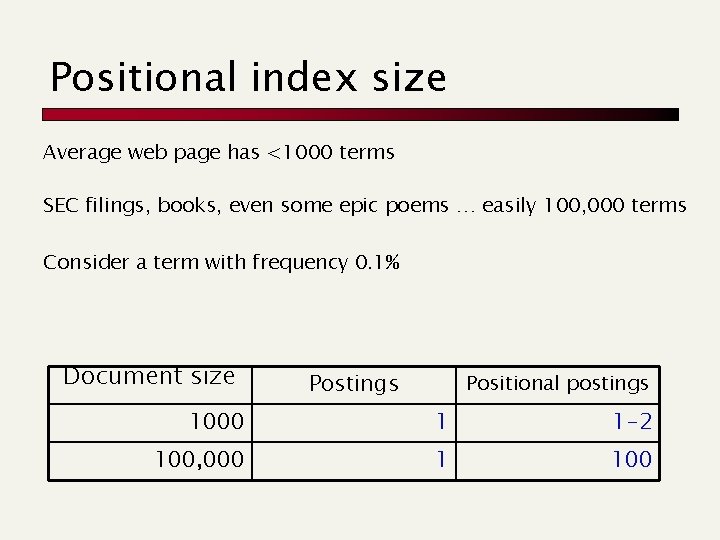 Positional index size Average web page has <1000 terms SEC filings, books, even some