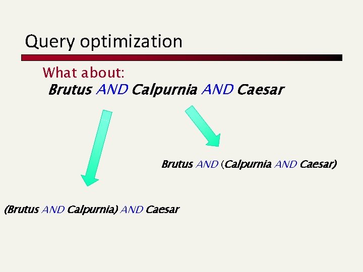 Query optimization What about: Brutus AND Calpurnia AND Caesar Brutus AND (Calpurnia AND Caesar)