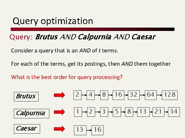 Query optimization Query: Brutus AND Calpurnia AND Caesar Consider a query that is an
