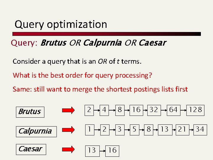 Query optimization Query: Brutus OR Calpurnia OR Caesar Consider a query that is an