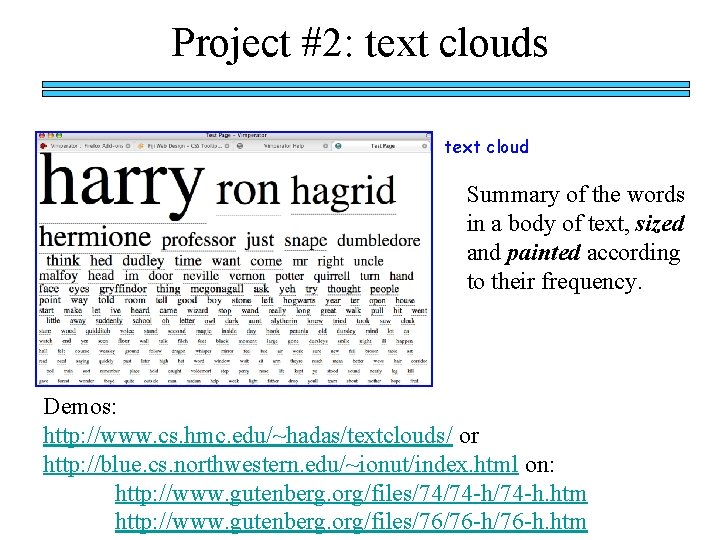 Project #2: text clouds text cloud Summary of the words in a body of