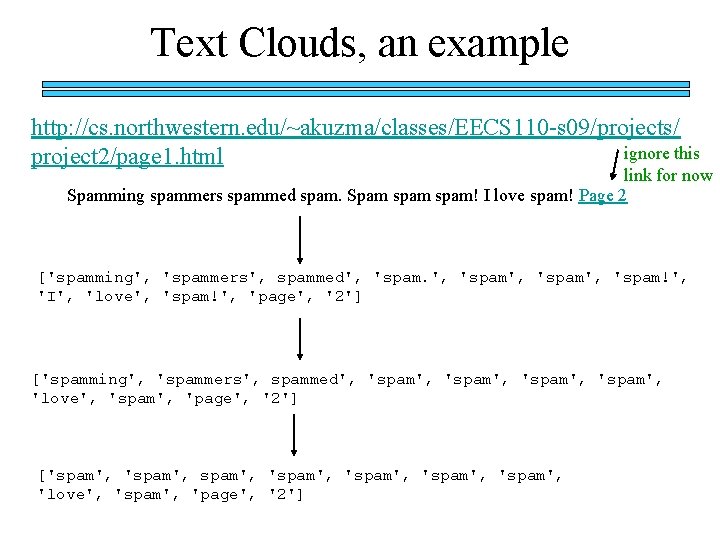 Text Clouds, an example http: //cs. northwestern. edu/~akuzma/classes/EECS 110 -s 09/projects/ ignore this project