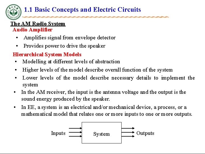 1. 1 Basic Concepts and Electric Circuits The AM Radio System Audio Amplifier •