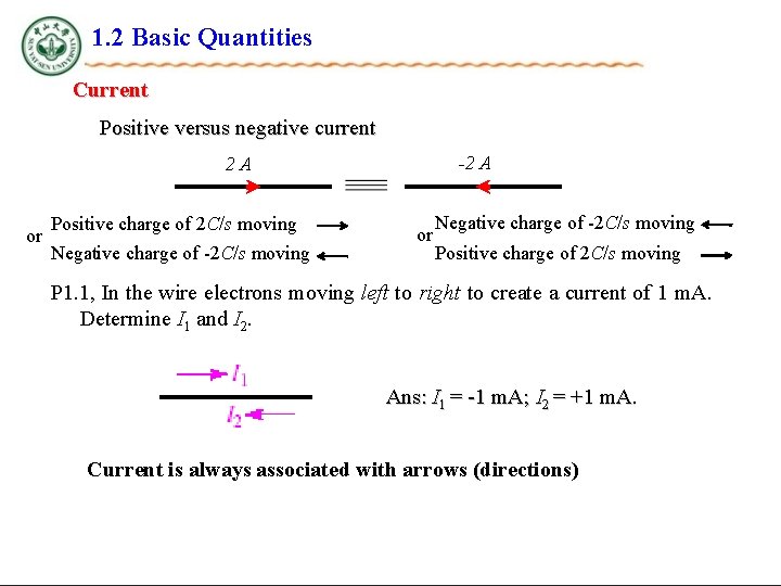 1. 2 Basic Quantities Current Positive versus negative current -2 A 2 A or