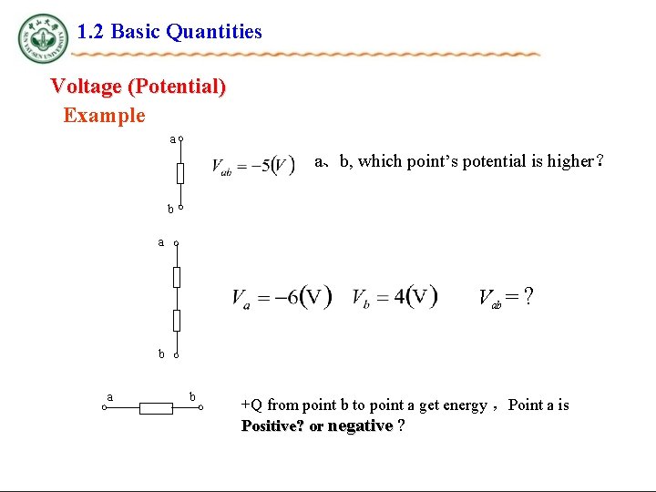 1. 2 Basic Quantities Voltage (Potential) Example a a、b, which point’s potential is higher？