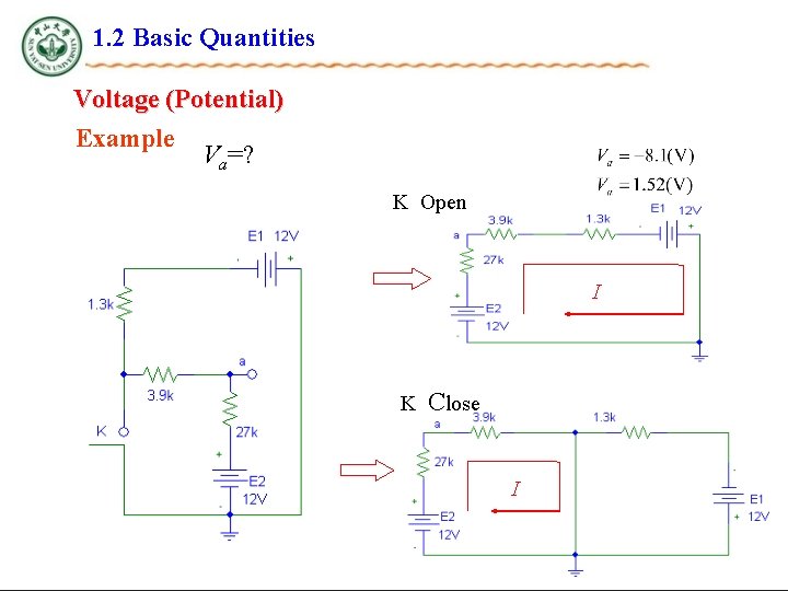 1. 2 Basic Quantities Voltage (Potential) Example Va=? K Open I K Close I