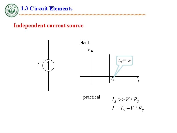 1. 3 Circuit Elements Independent current source Ideal v RS ＝ ∞ I IS