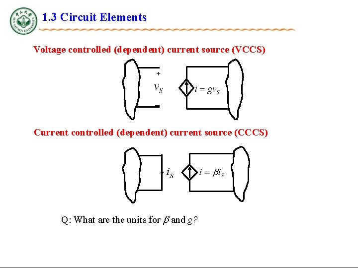 1. 3 Circuit Elements Voltage controlled (dependent) current source (VCCS) + _ Current controlled