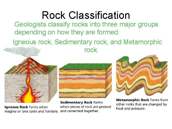 Rock Classification Geologists classify rocks into three major groups depending on how they are