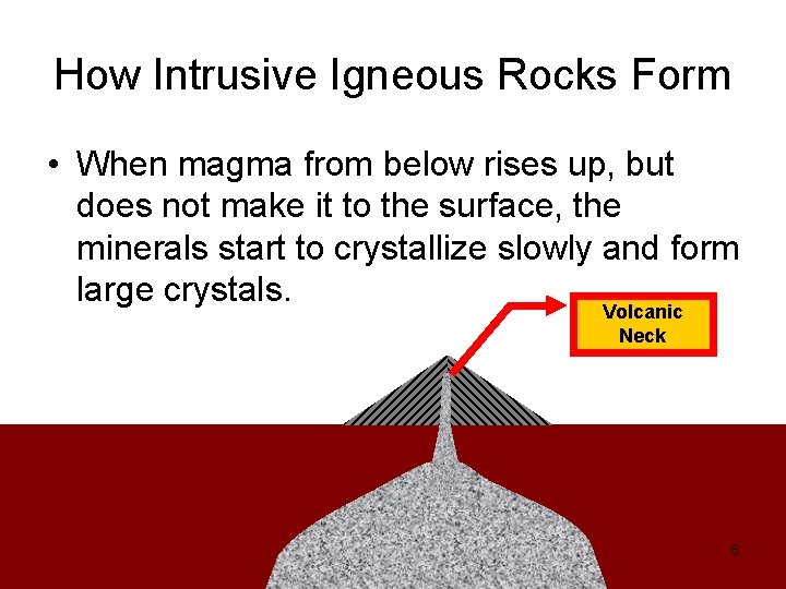 How Intrusive Igneous Rocks Form • When magma from below rises up, but does