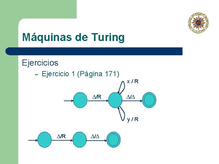 Máquinas de Turing Ejercicios – Ejercicio 1 (Página 171) x/R ∆/∆ y/R ∆/∆ 
