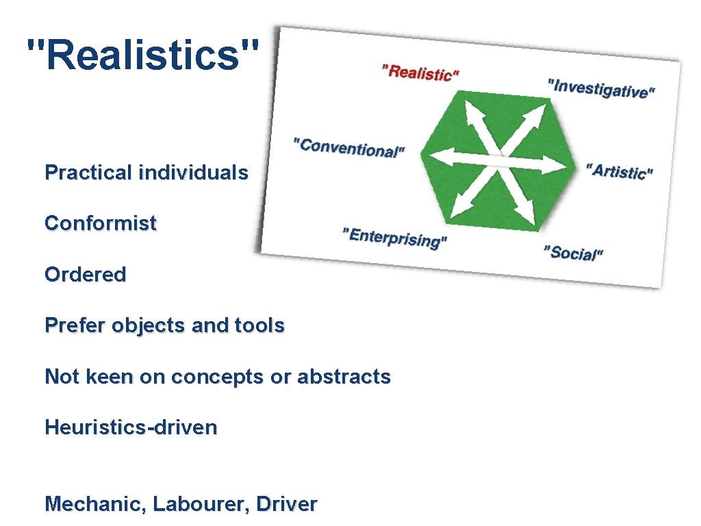 "Realistics" Practical individuals Conformist Ordered Prefer objects and tools Not keen on concepts or "Realistics" Practical individuals Conformist Ordered Prefer objects and tools Not keen on concepts or