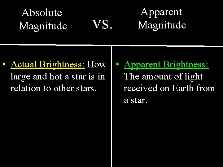 Absolute Magnitude vs. Apparent Magnitude • Actual Brightness: How • Apparent Brightness: large and