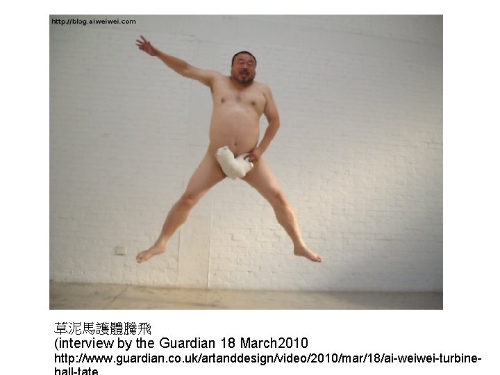 草泥馬護體騰飛 (interview by the Guardian 18 March 2010 http: //www. guardian. co. uk/artanddesign/video/2010/mar/18/ai-weiwei-turbine- 