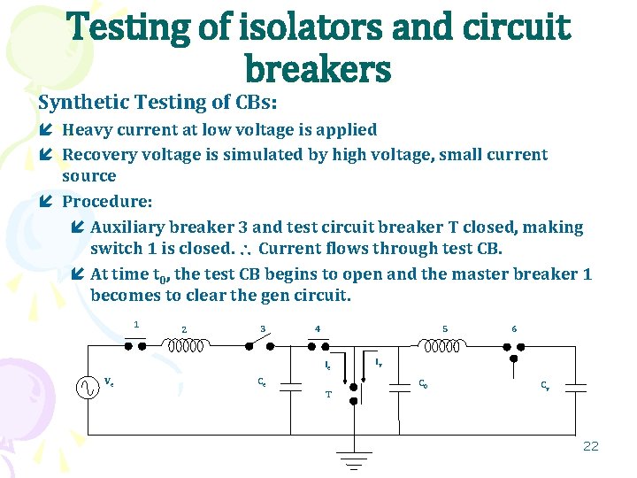 Testing of isolators and circuit breakers Synthetic Testing of CBs: Heavy current at low