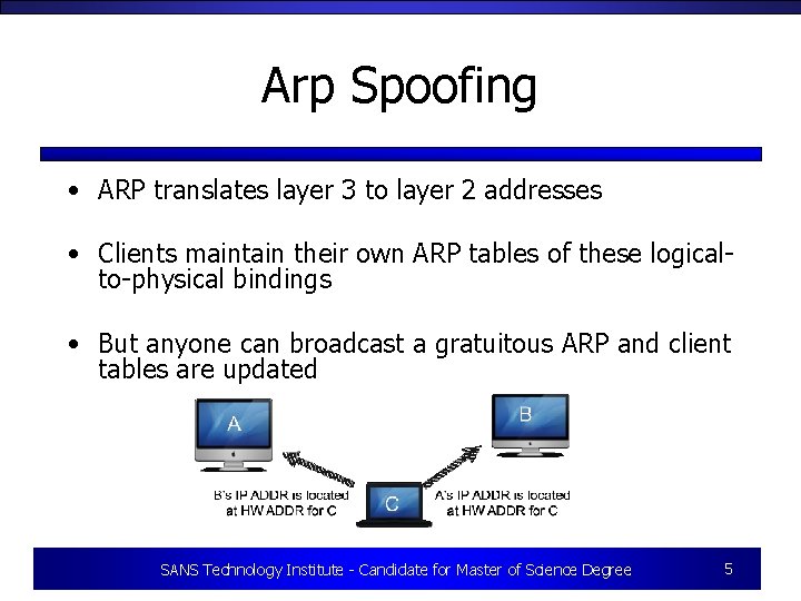 Arp Spoofing • ARP translates layer 3 to layer 2 addresses • Clients maintain