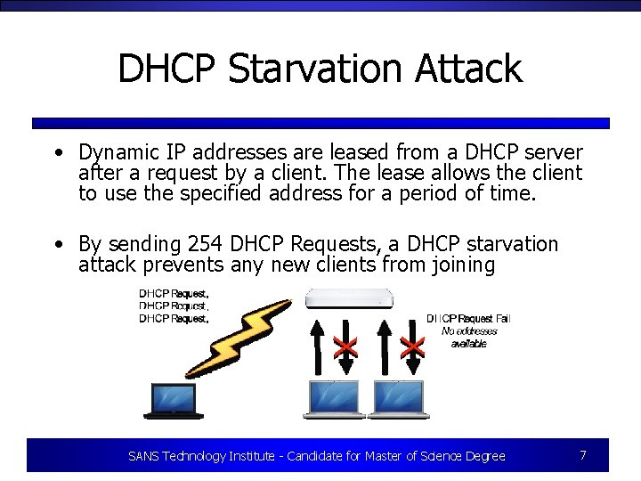 DHCP Starvation Attack • Dynamic IP addresses are leased from a DHCP server after