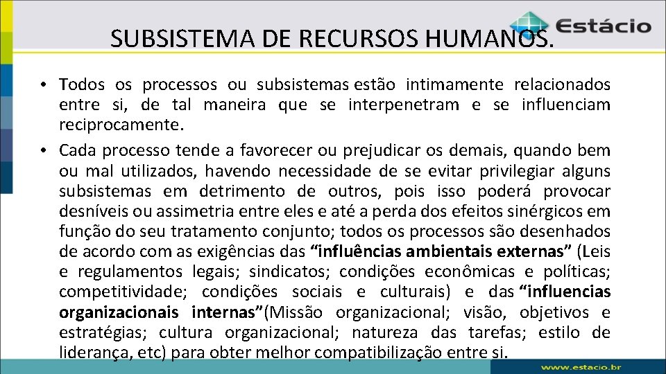 SUBSISTEMA DE RECURSOS HUMANOS. • Todos os processos ou subsistemas estão intimamente relacionados entre